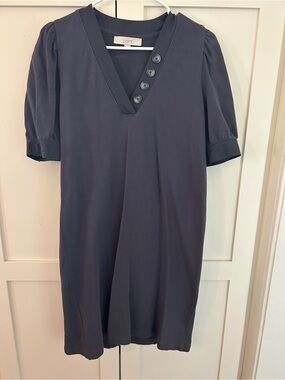 LOFT Slate Gray V-Neck Button Puff Sleeve Mini Dress
